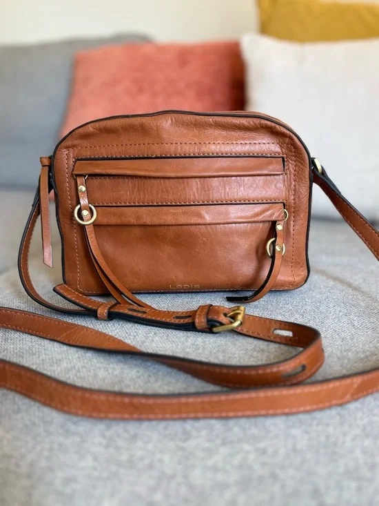 Lodis Cognac Brown Leather Crossbody Bag Adjustable Strap Vintage Texas Purse - Picture 5 of 16